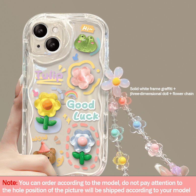 Cute Phone Case for iPhone Series Teens Case with Cute Clear 3D Flower Floral and Flower Chain Lanyard Wrist Strap Clear Phone Case for Girls Womens
