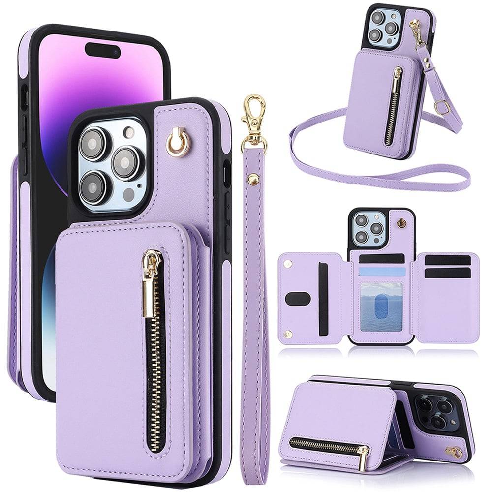 🔥Card Slot Phone Case with Zipper Pocket Kickstand Purse Hand Strap Cover for iPhone/Samsung