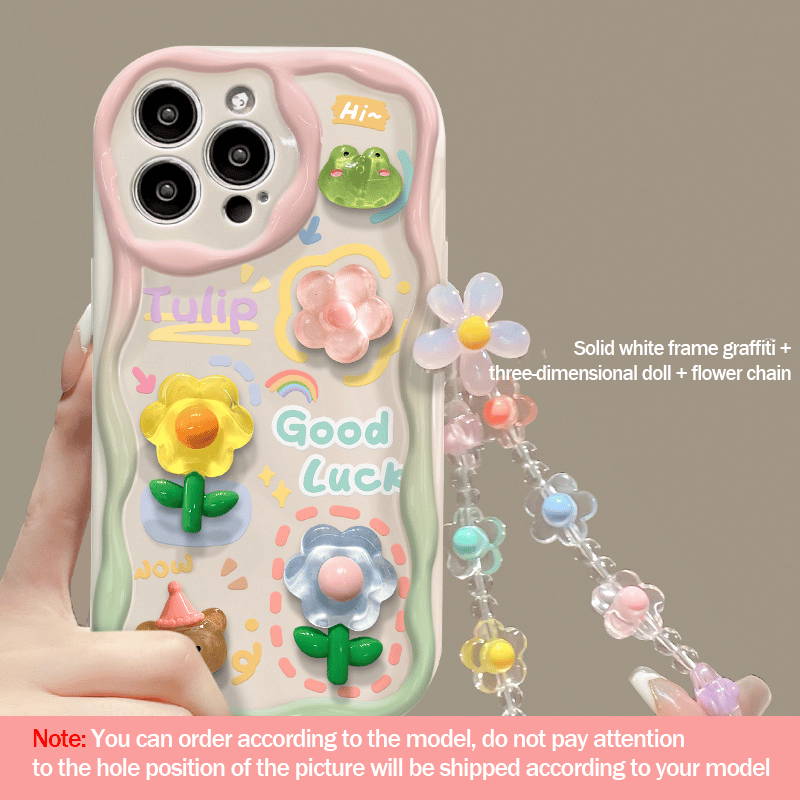 Cute Phone Case for iPhone Series Teens Case with Cute Clear 3D Flower Floral and Flower Chain Lanyard Wrist Strap Clear Phone Case for Girls Womens