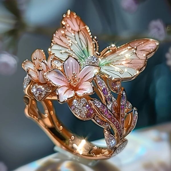 Enamel Butterfly Flower Ring