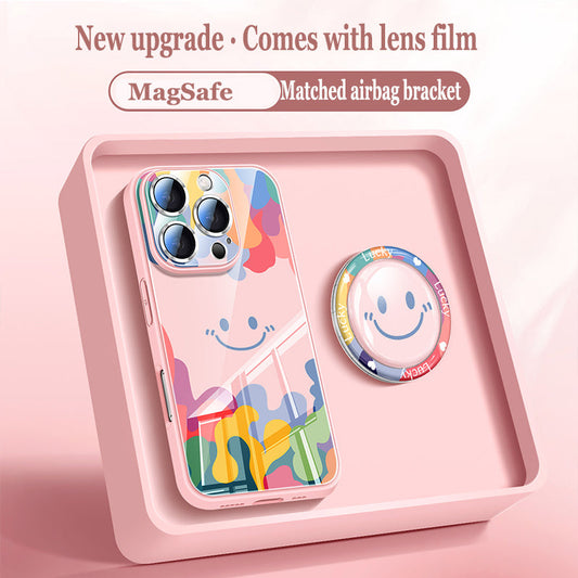 Cute Smiley Liquid Glass Magnetic Holder Phone Case For iPhone