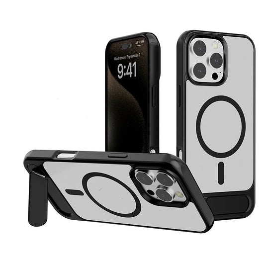 Phone case with built-in kickstand, wireless charging support, metal shell, and precise cutouts.