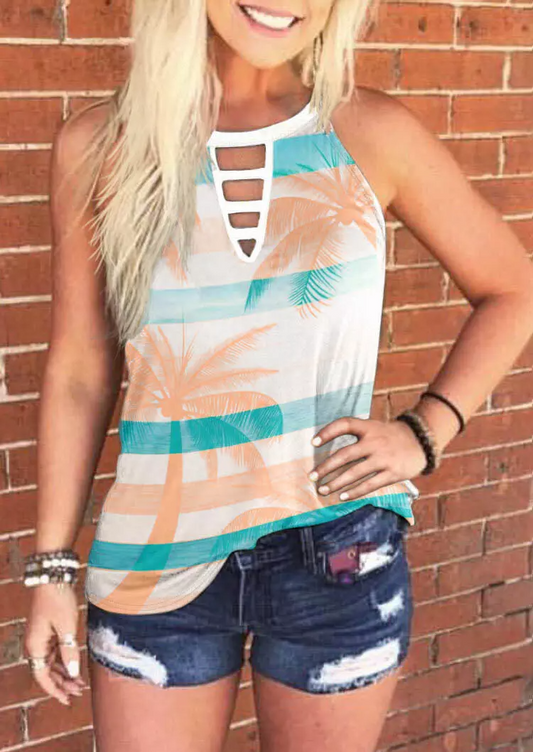 Coconut Tree Striped Color Block Keyhole Neck Tank