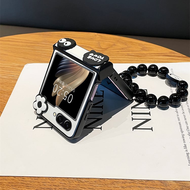 Cute Coal Ball Elf Phone Case, Hinge Leather Grain Case with Black Bead Bracelet, Compatible with Galaxy Z Flip 3/Galaxy Z Flip 4/Galaxy Z Flip 5/Galaxy Z Flip 6