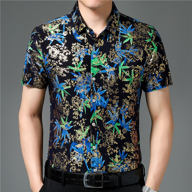 Men's summer loose iron-free casual short-sleeved silk shirt