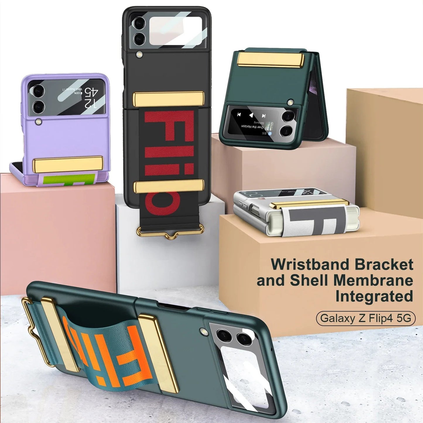 Ultra-thin anti-fall folding protective case with letter wristband stand for Galaxy Z Flip 3/Galaxy Z Flip 4/Galaxy Z Flip 5/Galaxy Z Flip 6