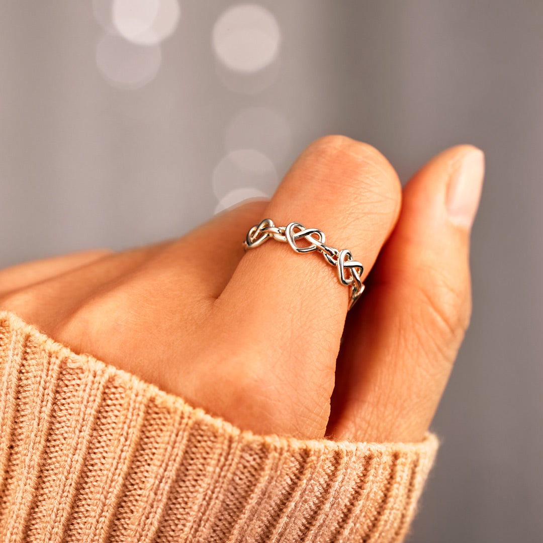 925 Sterling Silver Mother & Daughter Always Connected Infinity Heart Knot Ring