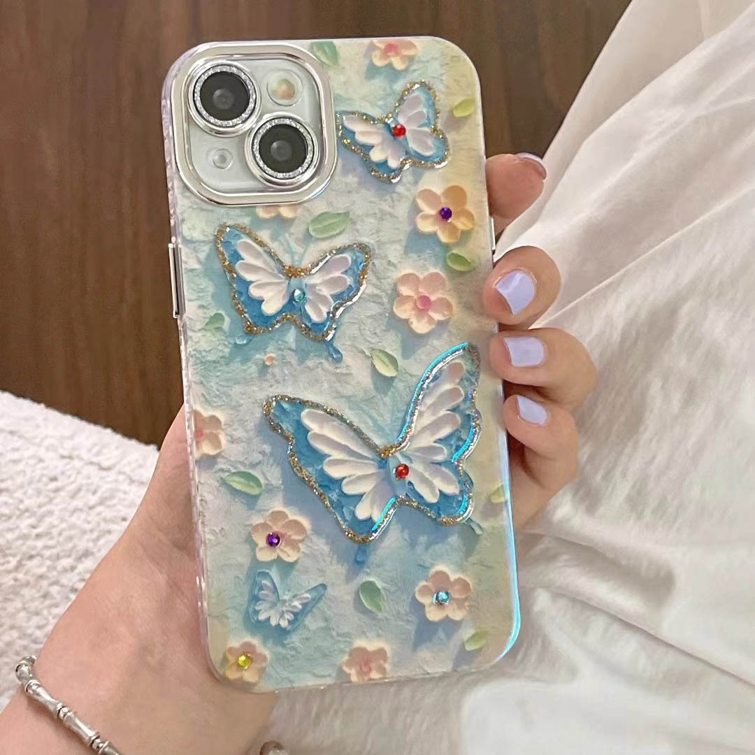 Dots Drill Oil Painting Flower Butterfly Phone Case for iPhone 15