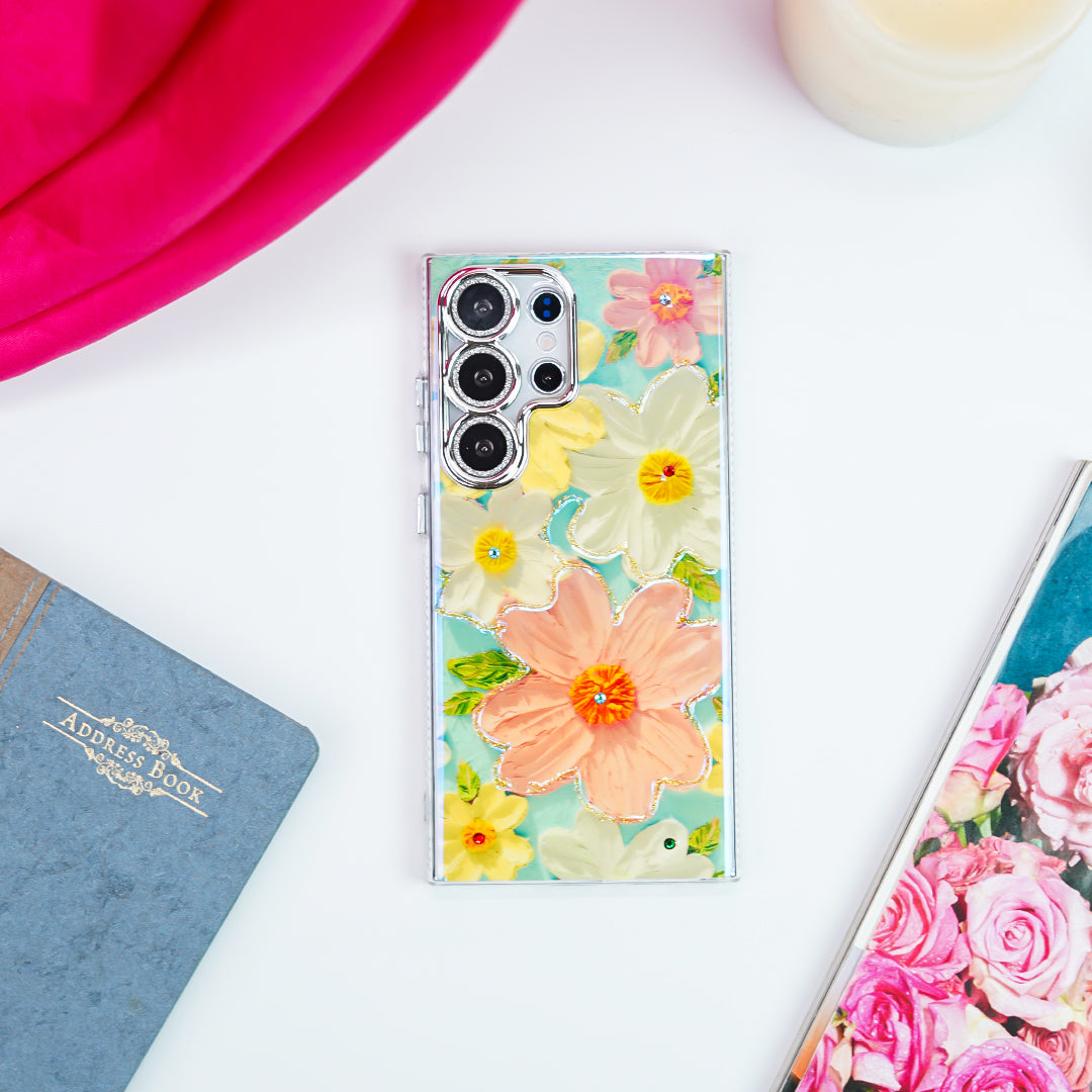 Luxury Rhinestone Oil Painting Flower Case - Samsung