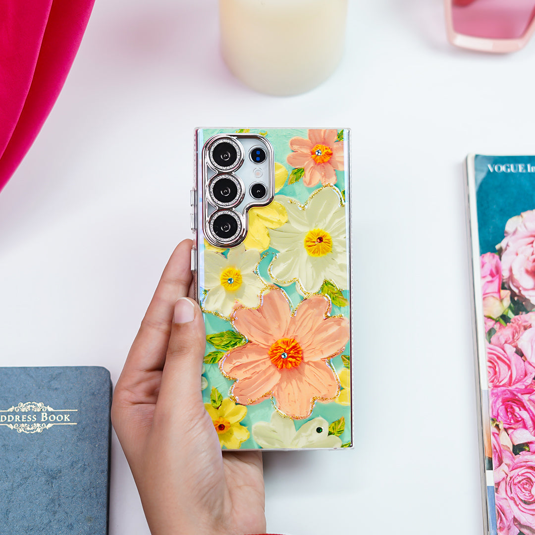 Luxury Rhinestone Oil Painting Flower Case - Samsung