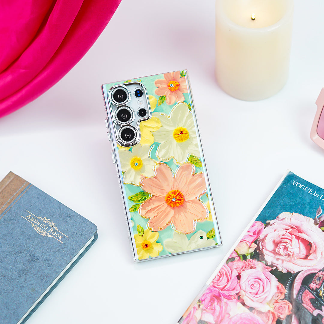 Luxury Rhinestone Oil Painting Flower Case - Samsung