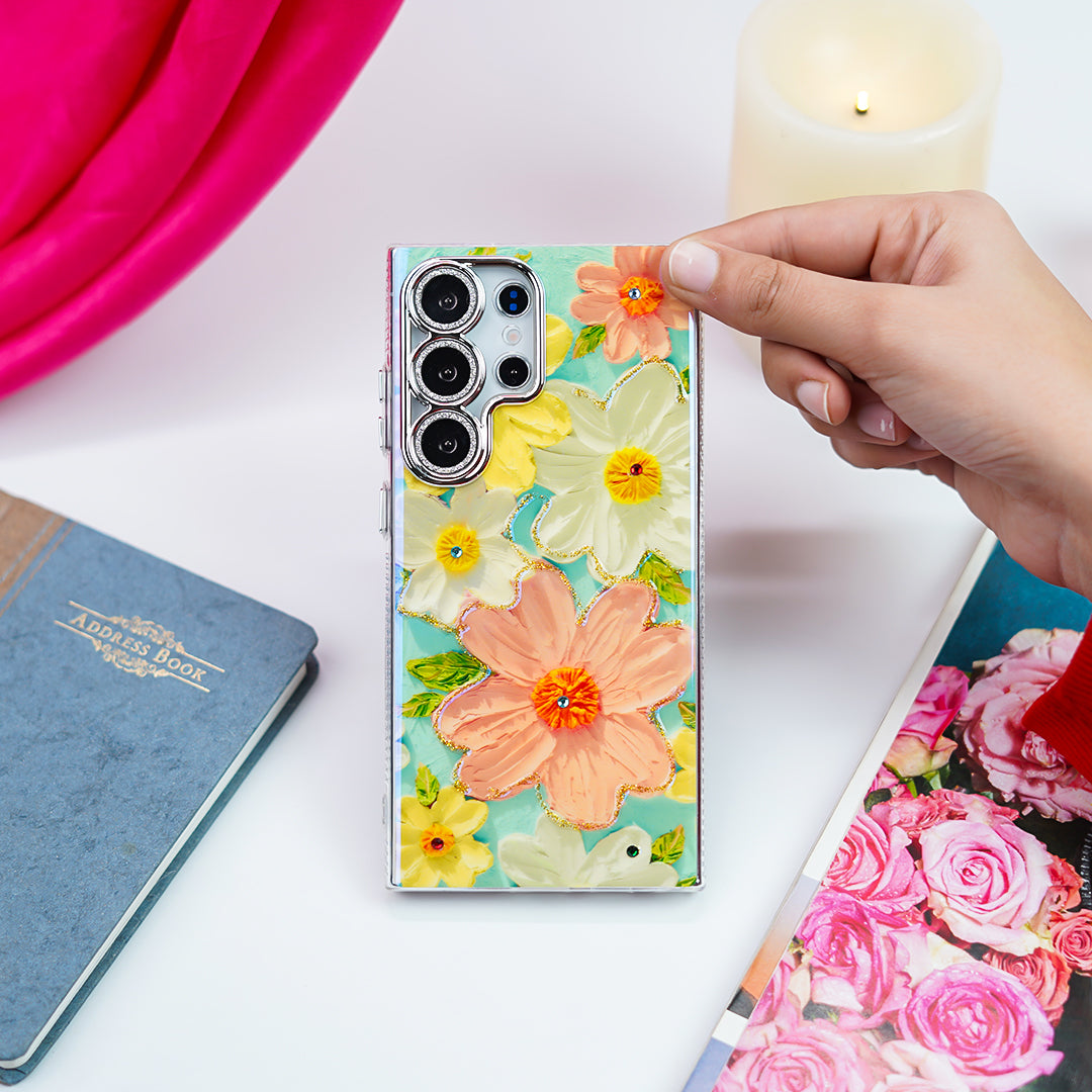 Luxury Rhinestone Oil Painting Flower Case - Samsung