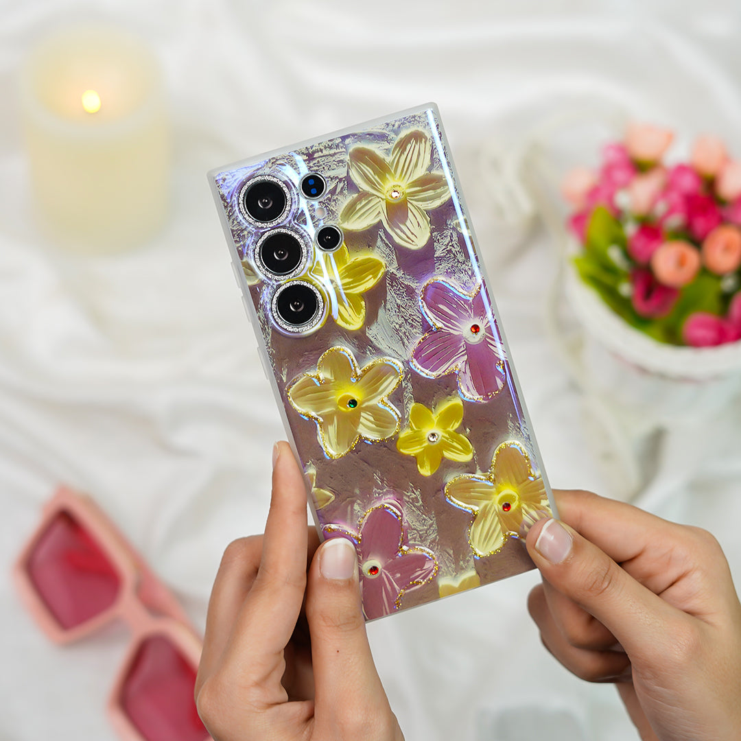 Retro Gem-Encrusted Flower Art Phone Case - Samsung