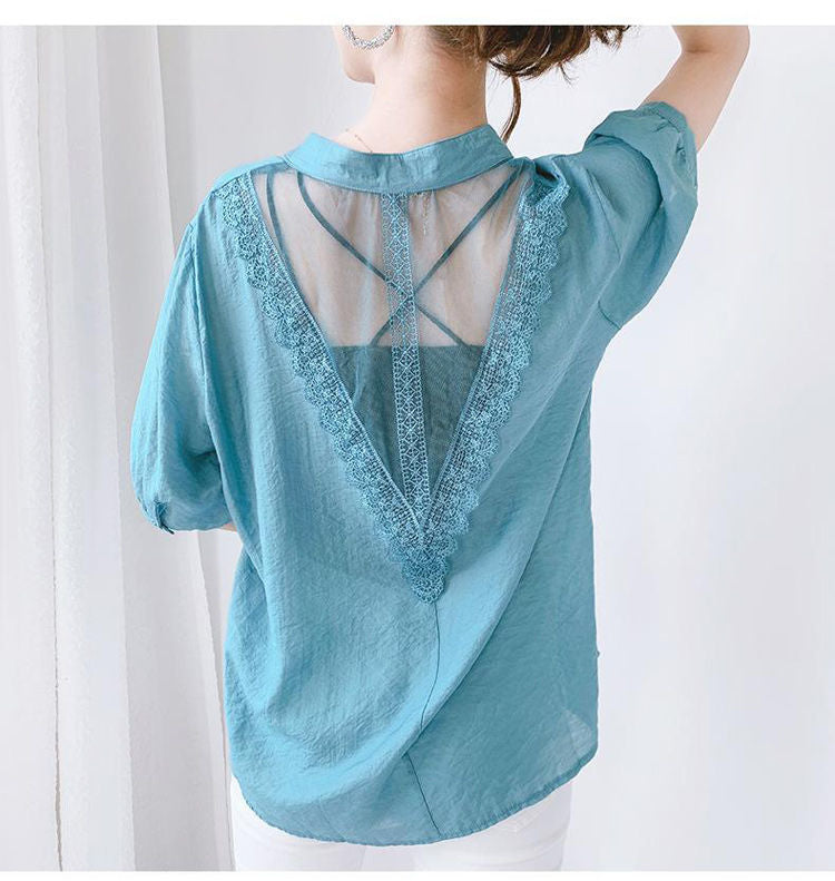 Thin Shirt Loose V-neck Chiffon Backless Sando Top