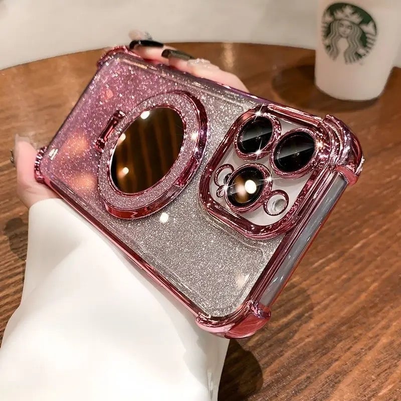 Glitter Mirror Magnetic Holder with Lens Film Four Corners Drop Proof Phone Case for iphone