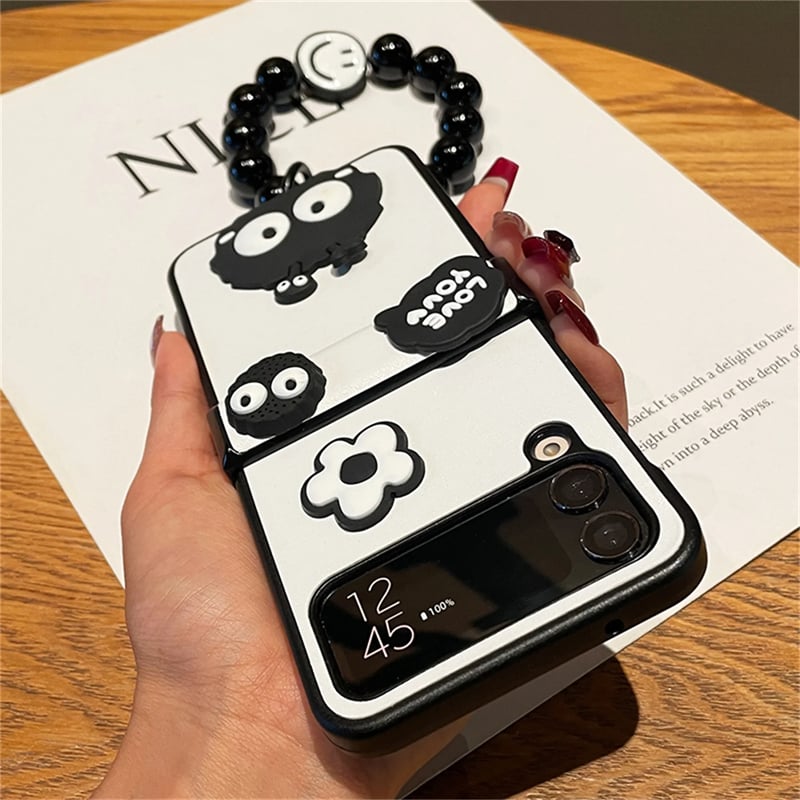 Cute Coal Ball Elf Phone Case, Hinge Leather Grain Case with Black Bead Bracelet, Compatible with Galaxy Z Flip 3/Galaxy Z Flip 4/Galaxy Z Flip 5/Galaxy Z Flip 6