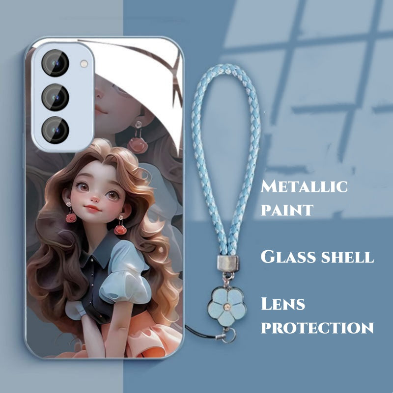 Creative three-dimensional curly hair girl all-inclusive glass phone case