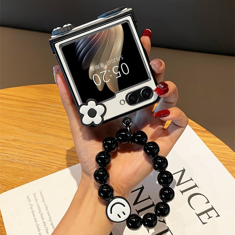 Cute Coal Ball Elf Phone Case, Hinge Leather Grain Case with Black Bead Bracelet, Compatible with Galaxy Z Flip 3/Galaxy Z Flip 4/Galaxy Z Flip 5/Galaxy Z Flip 6