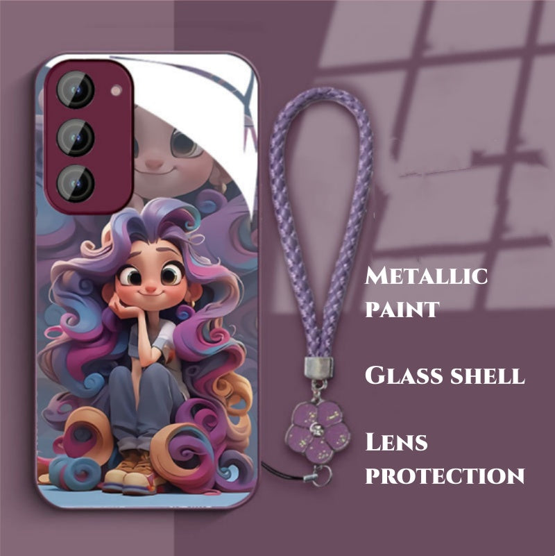 Creative three-dimensional curly hair girl all-inclusive glass phone case