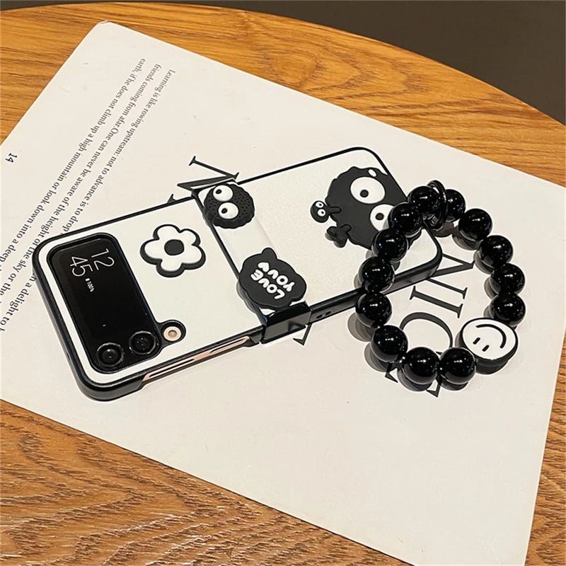 Cute Coal Ball Elf Phone Case, Hinge Leather Grain Case with Black Bead Bracelet, Compatible with Galaxy Z Flip 3/Galaxy Z Flip 4/Galaxy Z Flip 5/Galaxy Z Flip 6