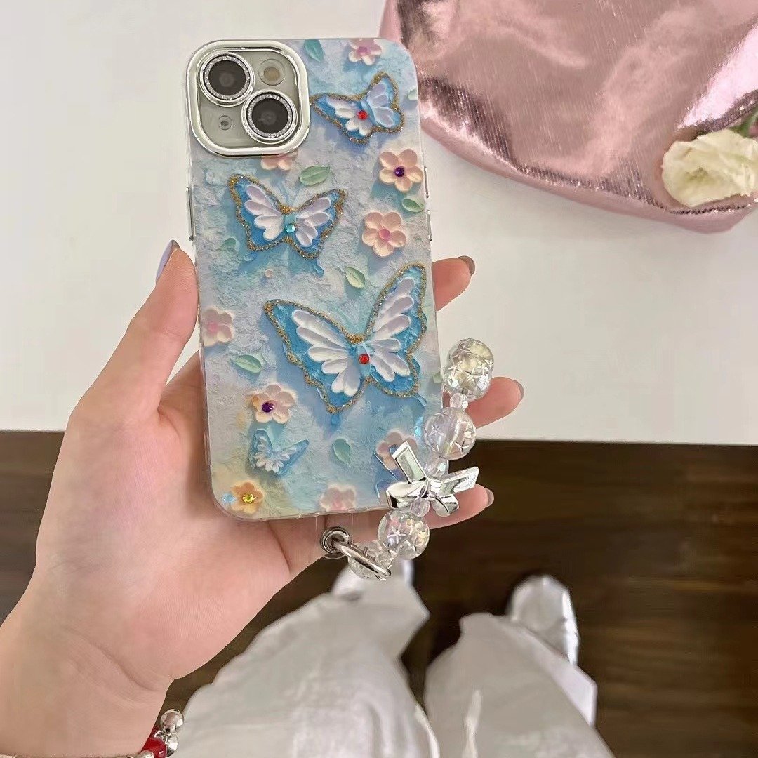 Dots Drill Oil Painting Flower Butterfly Phone Case for iPhone 15