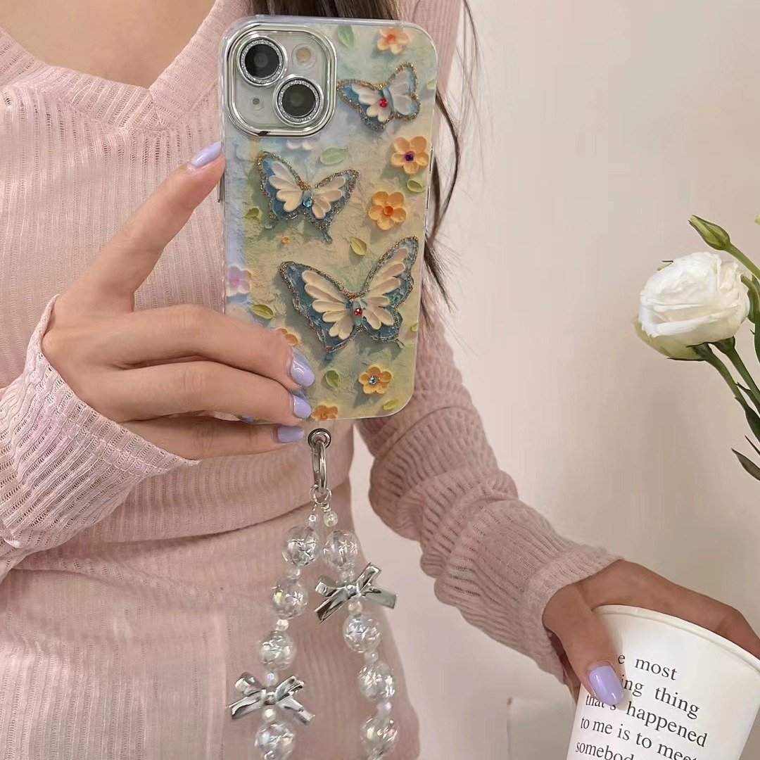 Dots Drill Oil Painting Flower Butterfly Phone Case for iPhone 15