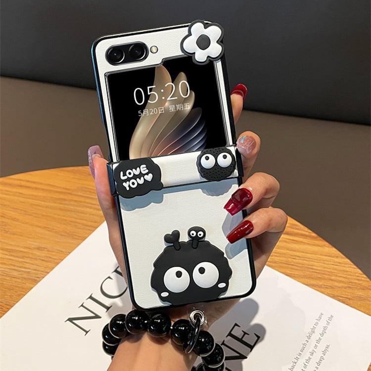 Cute Coal Ball Elf Phone Case, Hinge Leather Grain Case with Black Bead Bracelet, Compatible with Galaxy Z Flip 3/Galaxy Z Flip 4/Galaxy Z Flip 5/Galaxy Z Flip 6