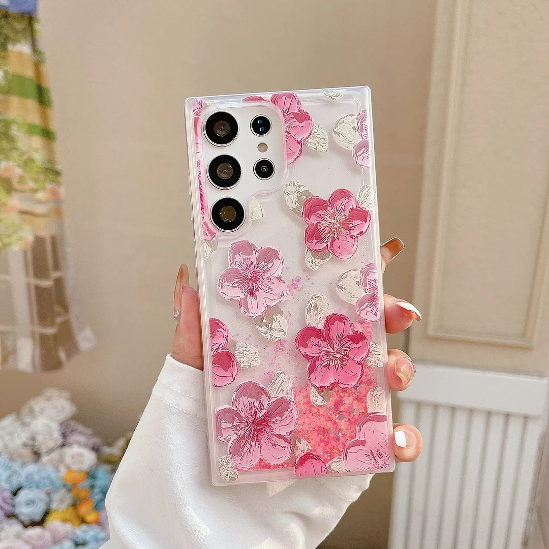 🌈Fluorescent Quicksand Oil Painting Flowers Phone Case For Samsung