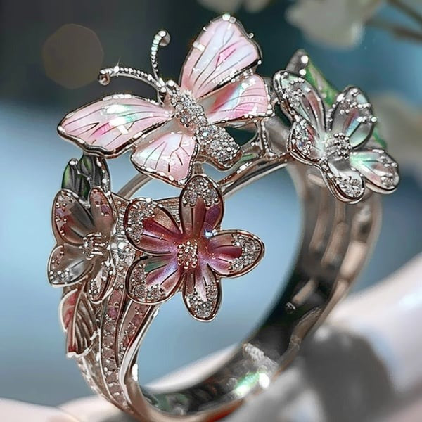 Enamel Butterfly Flower Ring