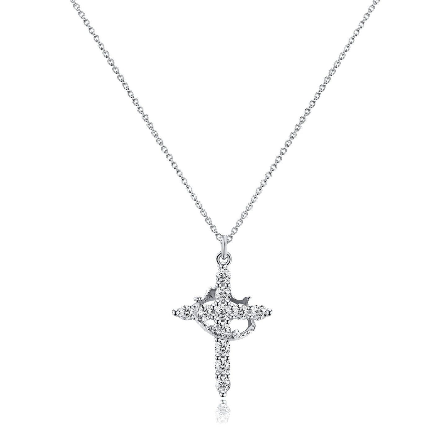 Paved Cross Rotated Crown Necklace