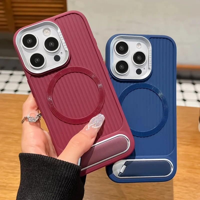 Luxury Stripe With Folding Bracket Plain Phone Case For iPhone
