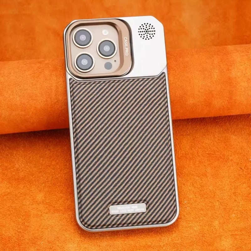 Frameless carbon fiber leather phone case with lens holder for iPhone 16/15/14/13/12 series