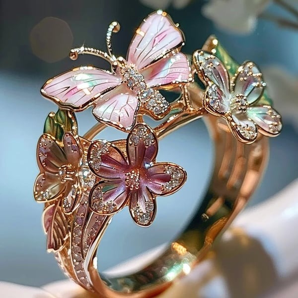 Enamel Butterfly Flower Ring