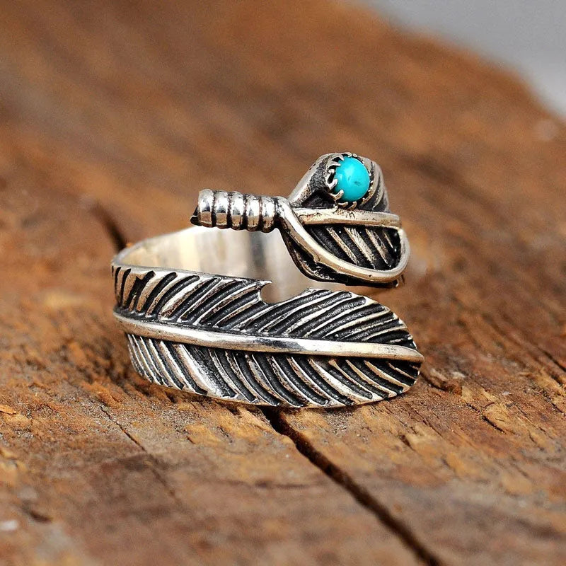 FOR MEMORIAL- YOUR GUARDIAN ANGEL WATCHING AND PROTECTING FEATHER TURQUOISE RING