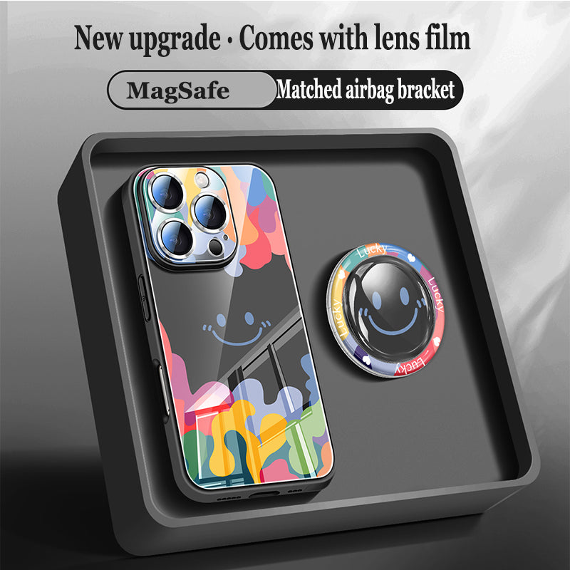 Cute Smiley Liquid Glass Magnetic Holder Phone Case For iPhone
