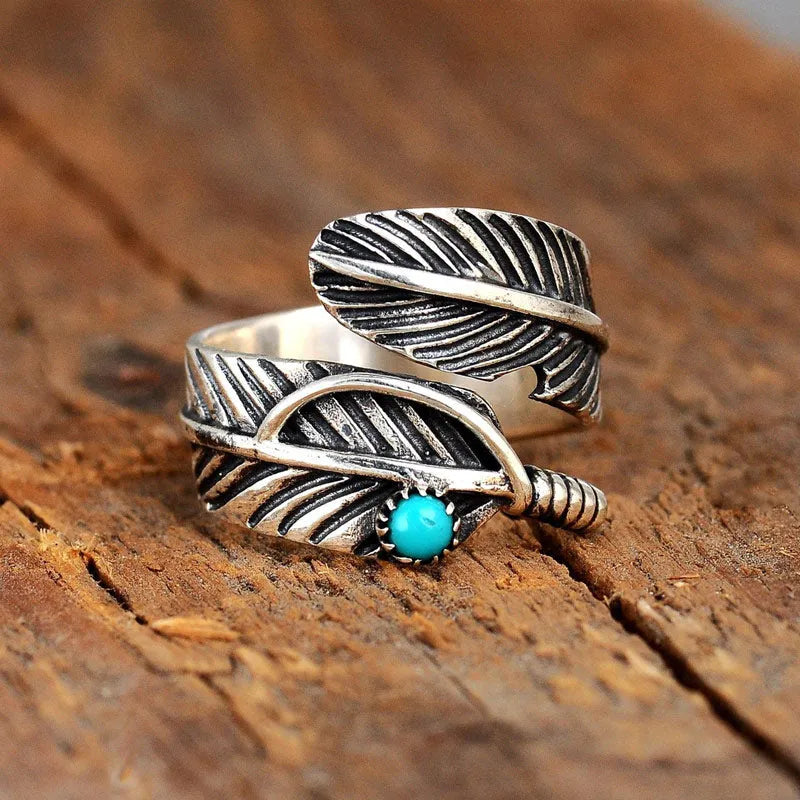 FOR MEMORIAL- YOUR GUARDIAN ANGEL WATCHING AND PROTECTING FEATHER TURQUOISE RING