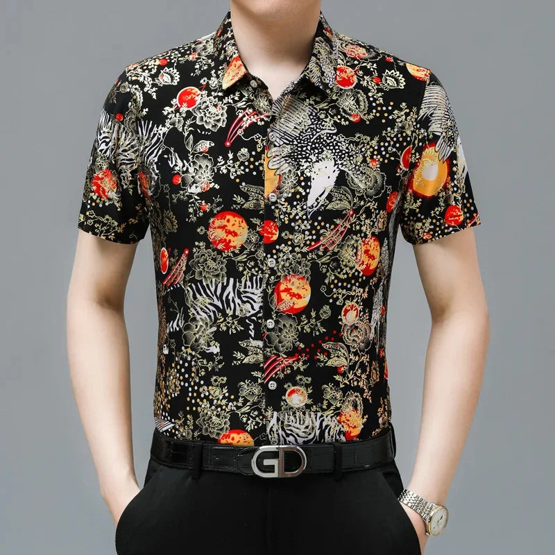 Men's summer loose iron-free casual short-sleeved silk shirt