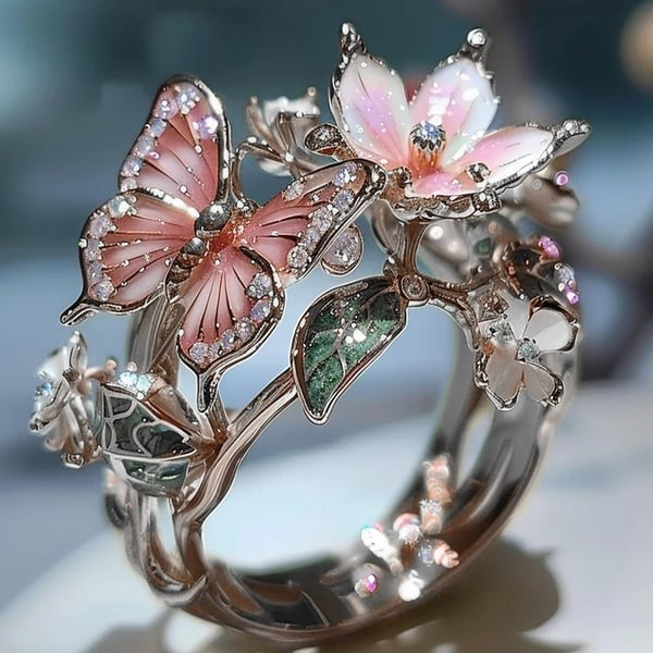 Enamel Butterfly Flower Ring