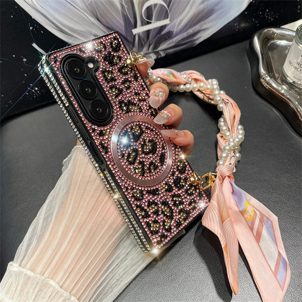 Suitable for Samsung zfold mobile phone case leopard print magnetic rhinestone creative folding protective cover