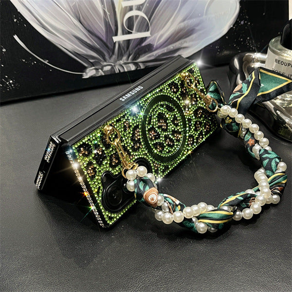 Suitable for Samsung zfold mobile phone case leopard print magnetic rhinestone creative folding protective cover