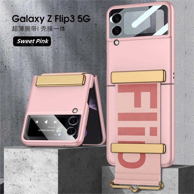 Ultra-thin anti-fall folding protective case with letter wristband stand for Galaxy Z Flip 3/Galaxy Z Flip 4/Galaxy Z Flip 5/Galaxy Z Flip 6
