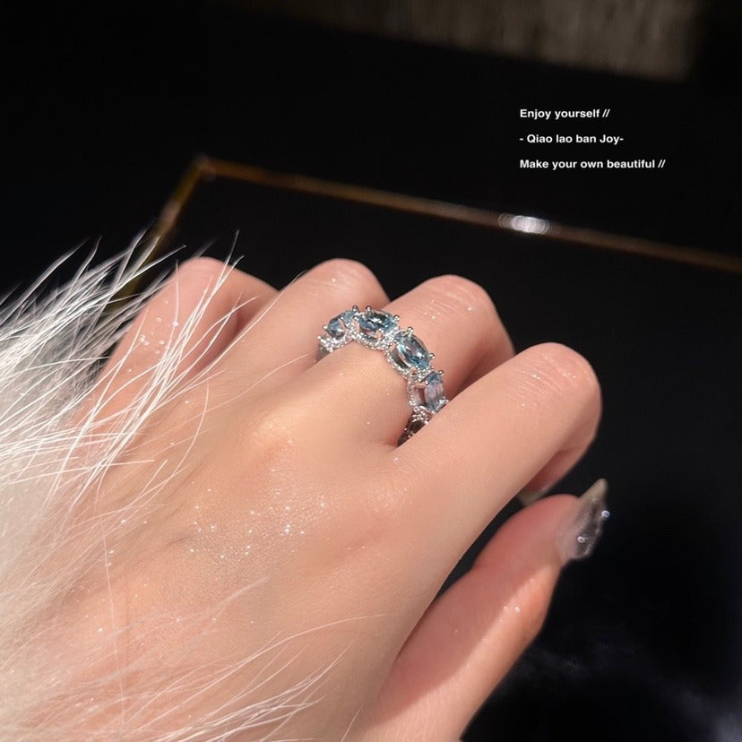 Full Diamond And Navy Blue Row Ring