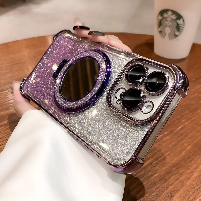 Glitter Mirror Magnetic Holder with Lens Film Four Corners Drop Proof Phone Case for iphone