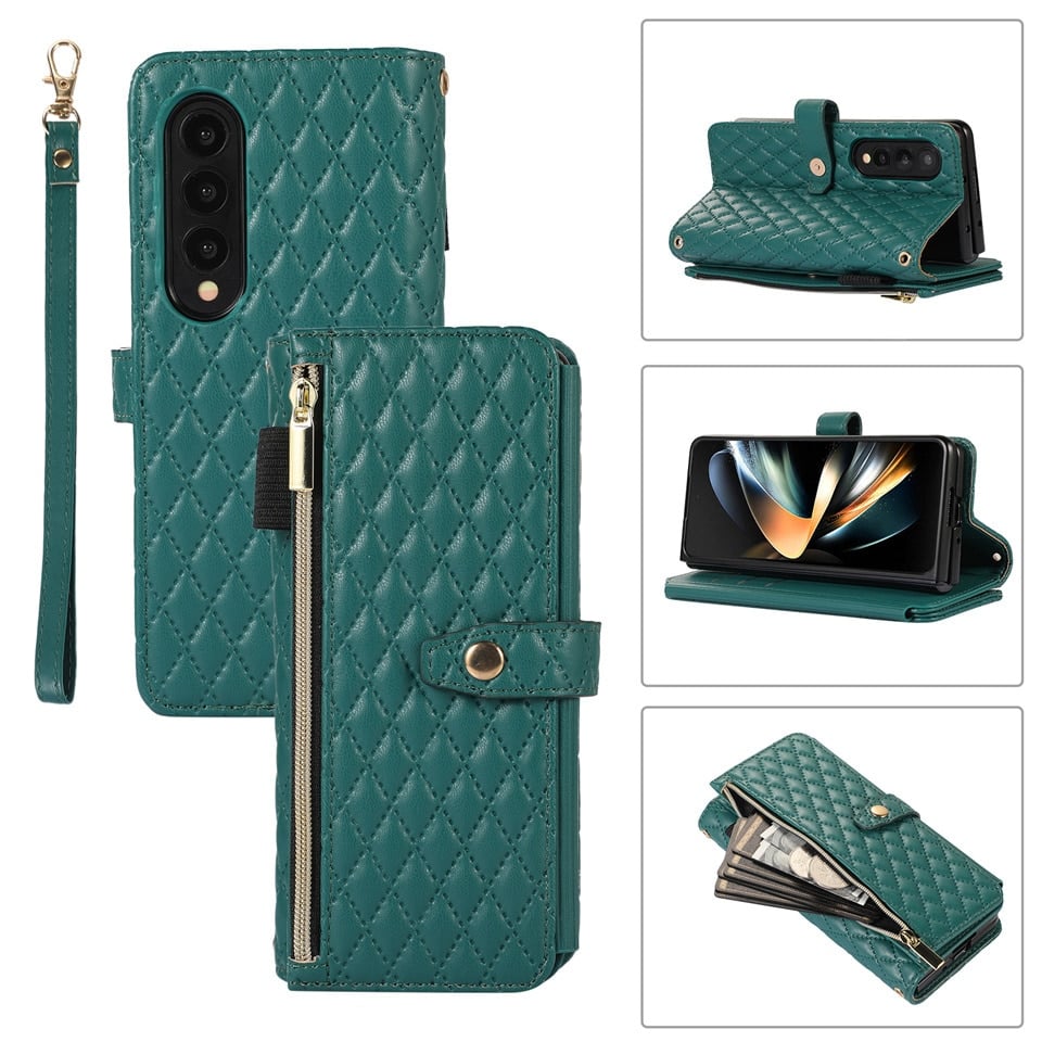 Lanyard Crossbody Rhombic Flip Wallet Case For Samsung Galaxy Z Fold4 Fold3 5G