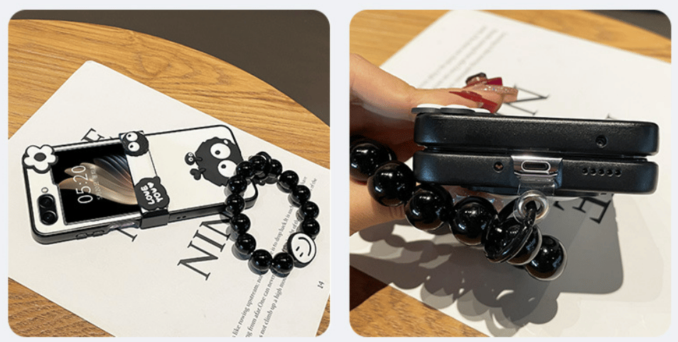 Cute Coal Ball Elf Phone Case, Hinge Leather Grain Case with Black Bead Bracelet, Compatible with Galaxy Z Flip 3/Galaxy Z Flip 4/Galaxy Z Flip 5/Galaxy Z Flip 6