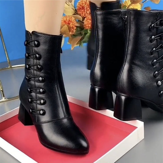 Women's Warm Side Button Leather Ankle Boots