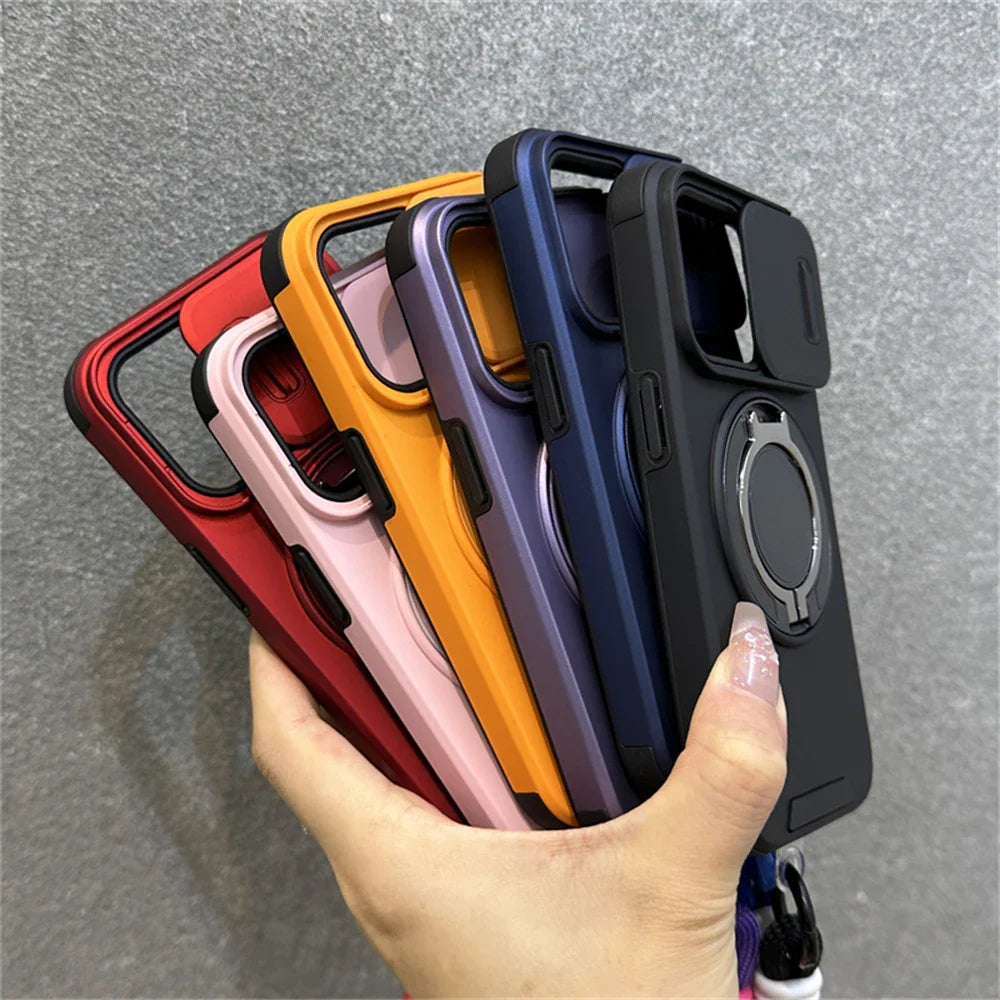 Armor Ring Slide Window Strap Case for iPhone