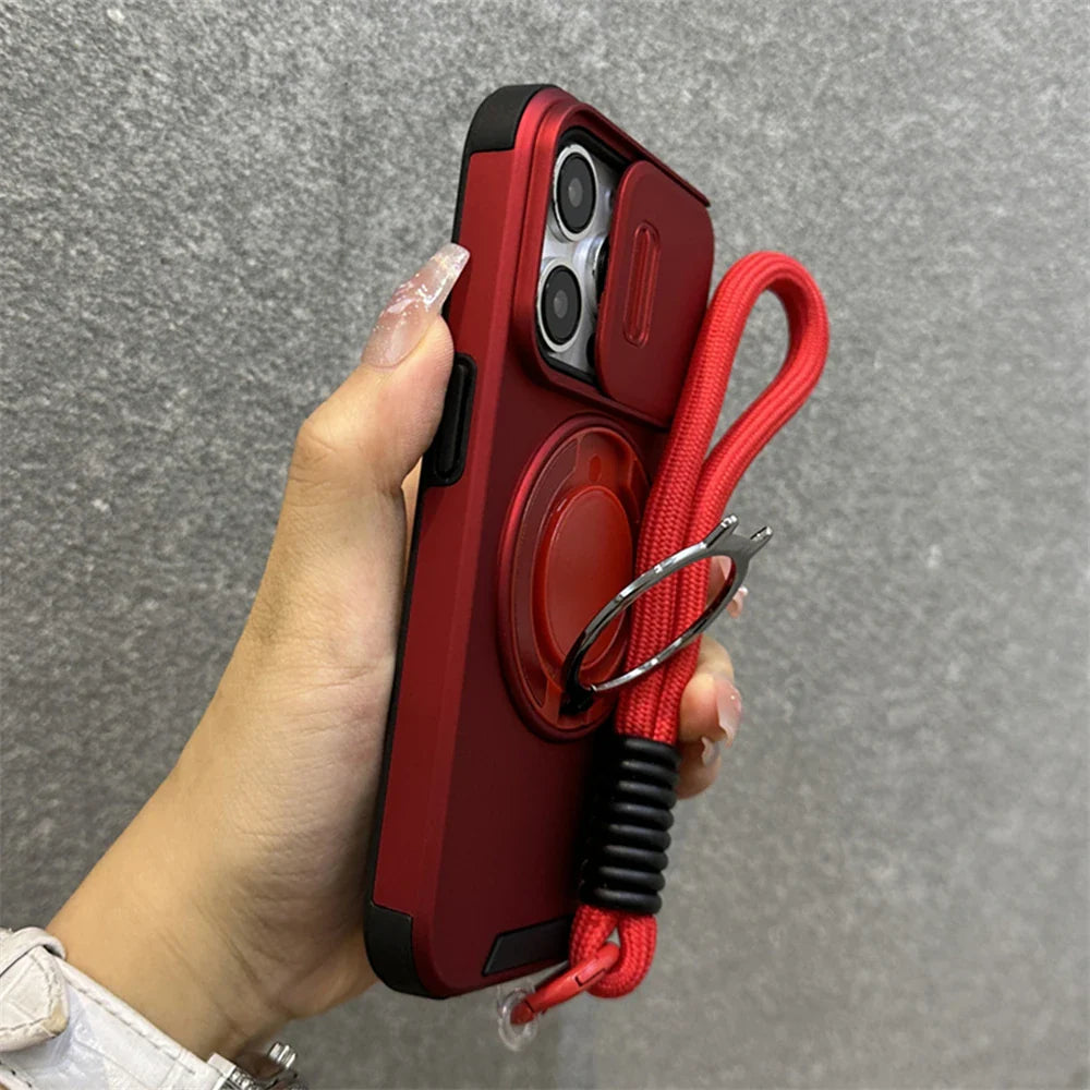 Armor Ring Slide Window Strap Case for iPhone