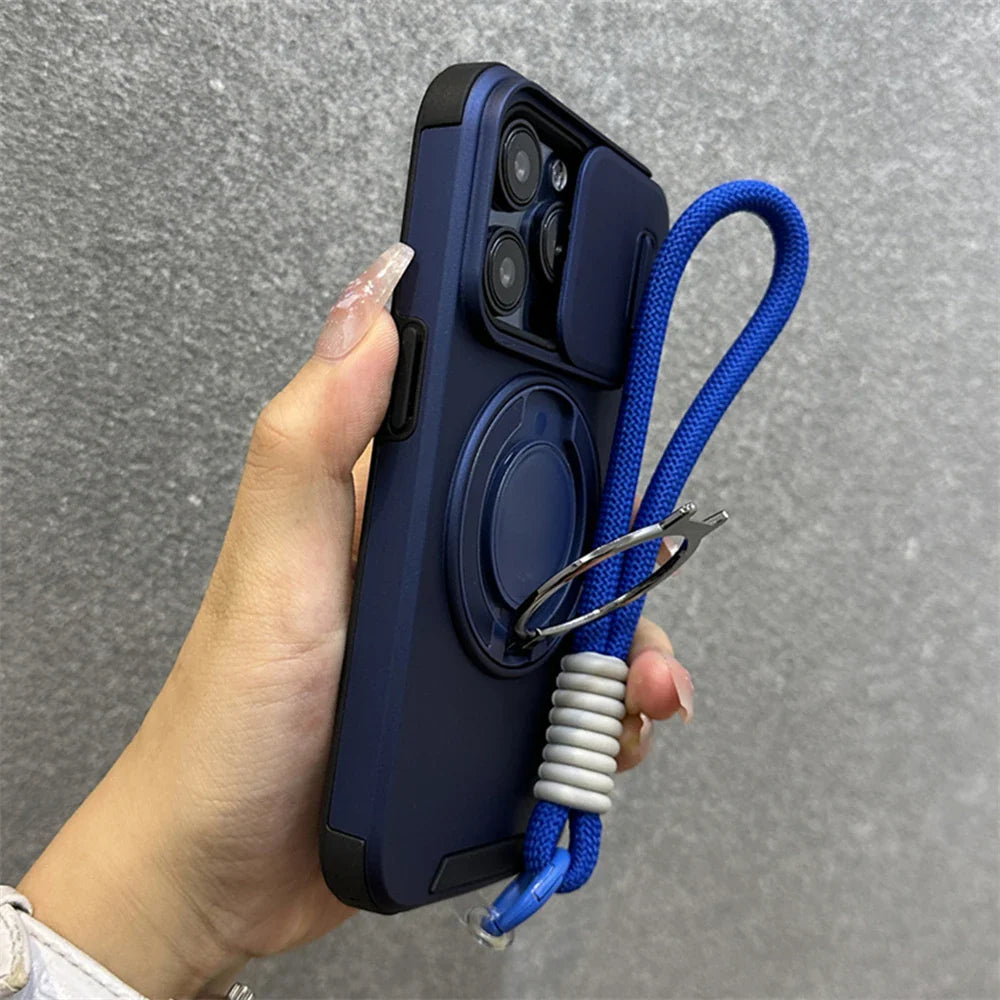 Armor Ring Slide Window Strap Case for iPhone
