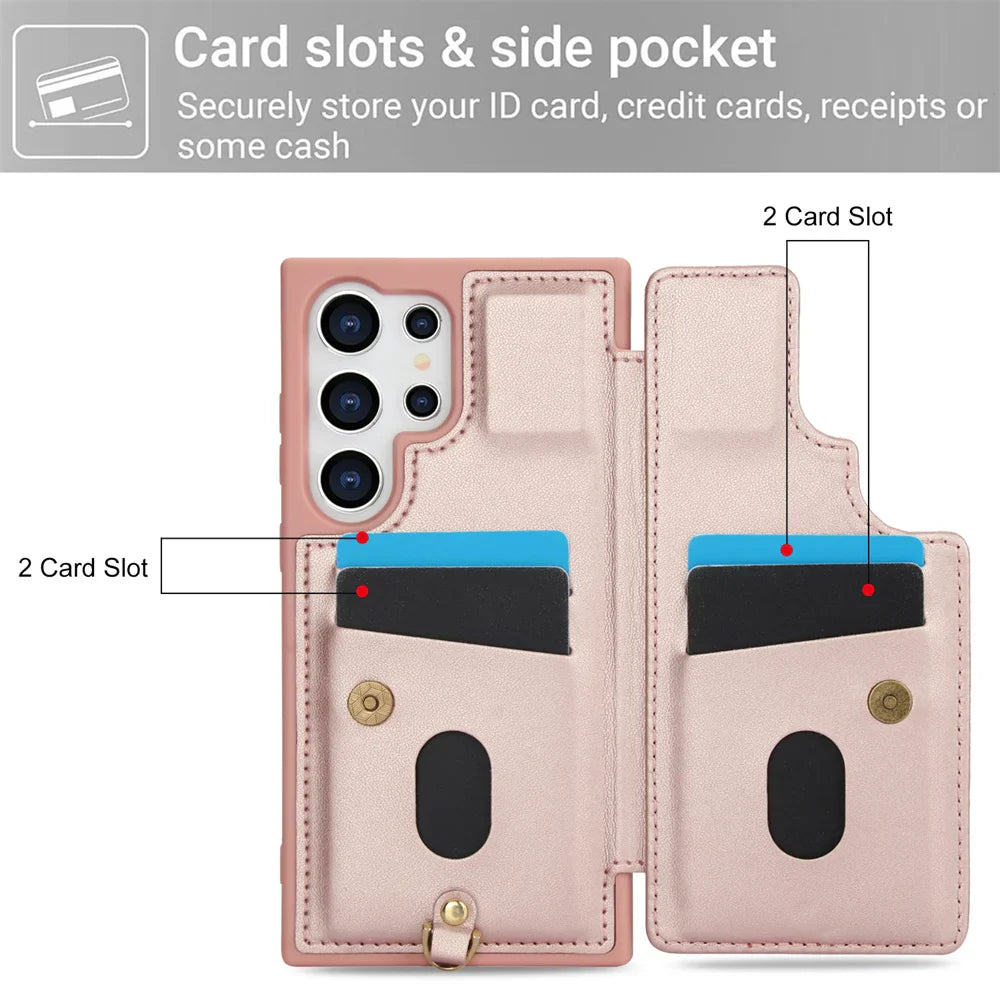 Crossbody Leather Wallet Wristband Phone Case for Samsung